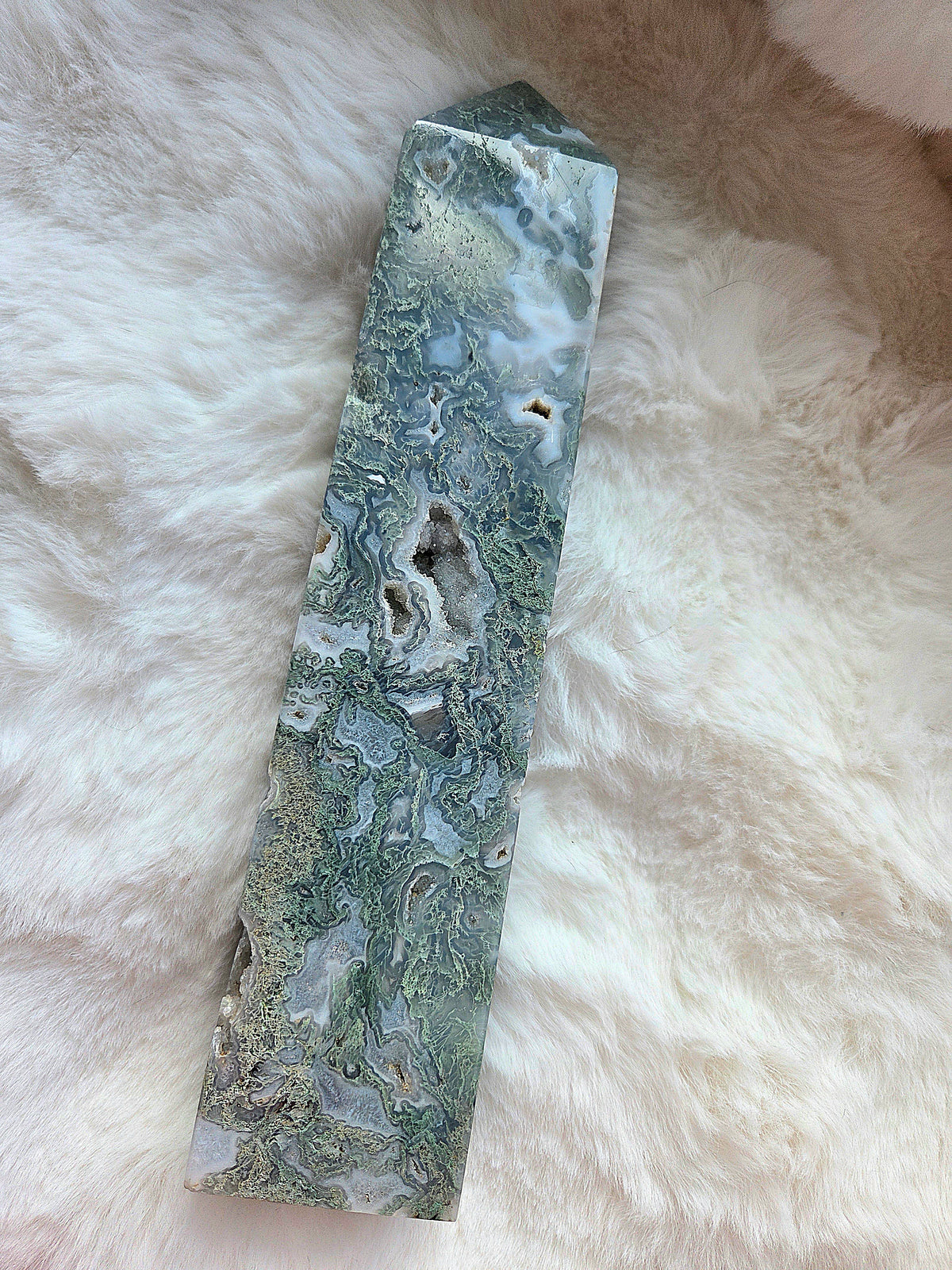 Large Druzy Moss Agate Tower