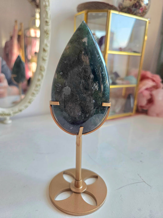 Moss Agate Teardrop With Stand.
